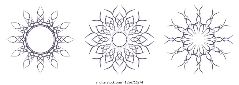 Set of decorative openwork round frames with abstract floral pattern. Circular ornament. Elegant elements for design. Vector.