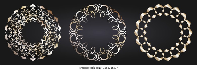 Set of decorative openwork round frames with gold abstract floral pattern. Circular ornament. Elegant elements for design. Vector.