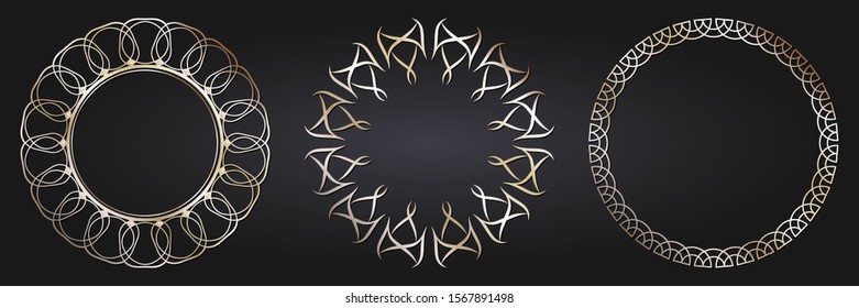 Set of decorative openwork round frames with gold abstract floral pattern. Circular ornament. Elegant elements for design. Vector.