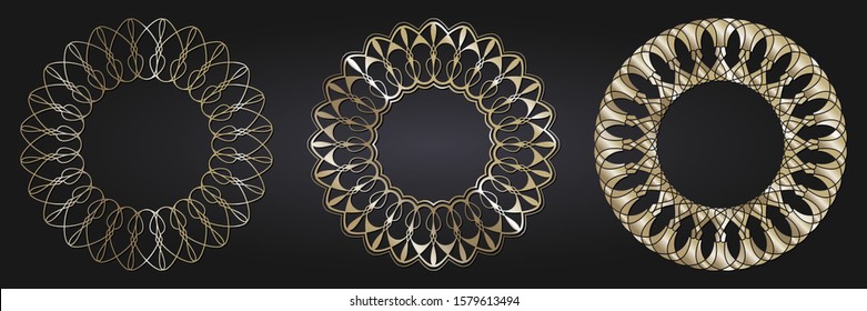 Set of decorative openwork round frames with gold abstract floral pattern. Circular ornament. Elegant elements for design. Vector.