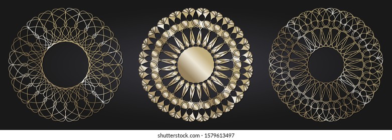 Set of decorative openwork round frames with gold abstract floral pattern. Circular ornament. Elegant elements for design. Vector.