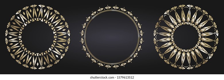 Set of decorative openwork round frames with gold abstract floral pattern. Circular ornament. Elegant elements for design. Vector.