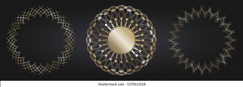 Set of decorative openwork round frames with gold abstract floral pattern. Circular ornament. Elegant elements for design. Vector.