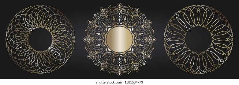 Set of decorative openwork round frames with gold abstract floral pattern. Circular ornament. Elegant elements for design. Vector.