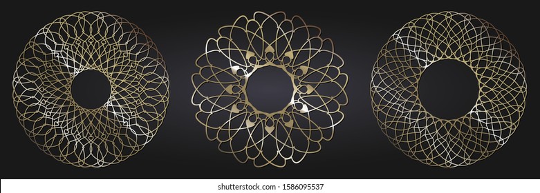Set of decorative openwork round frames with gold abstract floral pattern. Circular ornament. Elegant elements for design. Vector.
