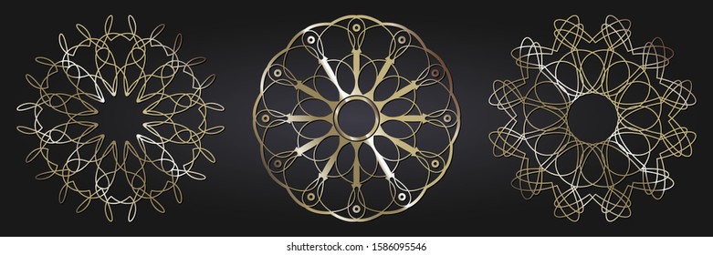 Set of decorative openwork round frames with gold abstract floral pattern. Circular ornament. Elegant elements for design. Vector.
