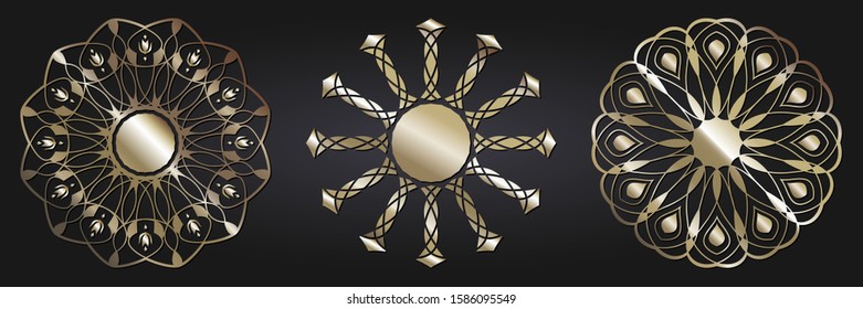 Set of decorative openwork round frames with gold abstract floral pattern. Circular ornament. Elegant elements for design. Vector.