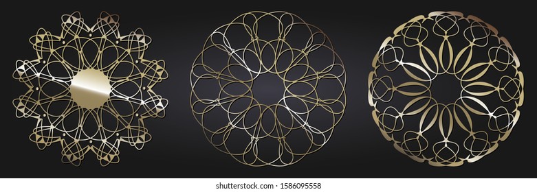 Set of decorative openwork round frames with gold abstract floral pattern. Circular ornament. Elegant elements for design. Vector.