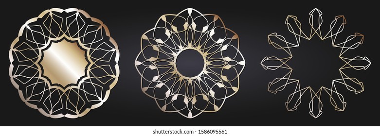 Set of decorative openwork round frames with gold abstract floral pattern. Circular ornament. Elegant elements for design. Vector.
