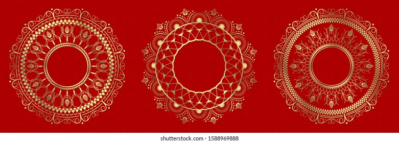 Set of decorative openwork round frames with gold abstract floral pattern on red background . Circular ornament. Elegant elements for design. Vector.