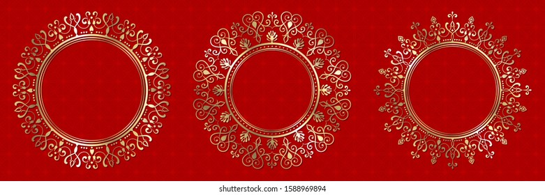 Set of decorative openwork round frames with gold abstract floral pattern on red background . Circular ornament. Elegant elements for design. Vector.