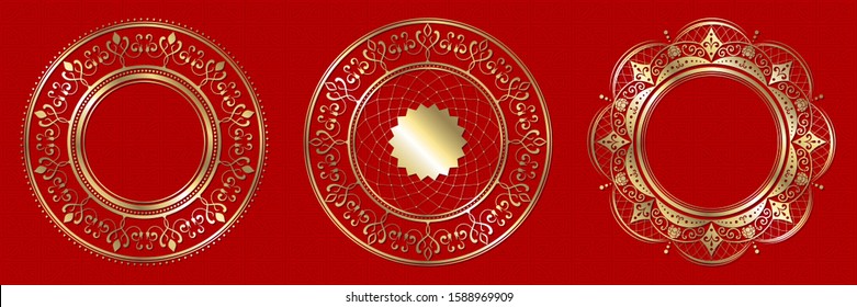 Set of decorative openwork round frames with gold abstract floral pattern on red background . Circular ornament. Elegant elements for design. Vector.