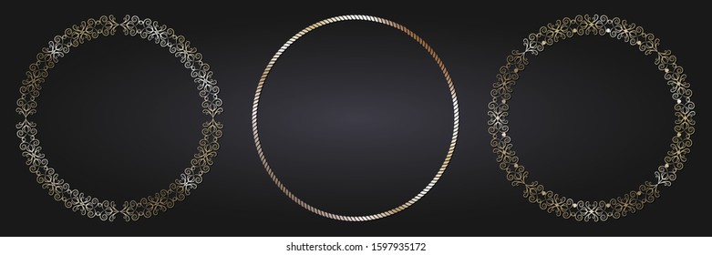 Set of decorative openwork round frames with gold abstract floral pattern. Circular ornament. Elegant elements for design. Vector.