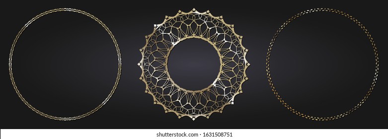 Set of decorative openwork round frames with gold abstract floral pattern. Circular ornament. Elegant elements for design. Vector.