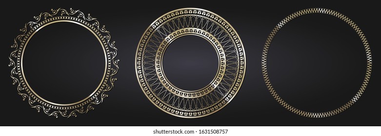 Set of decorative openwork round frames with gold abstract floral pattern. Circular ornament. Elegant elements for design. Vector.