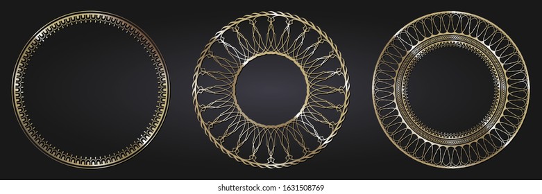 Set of decorative openwork round frames with gold abstract floral pattern. Circular ornament. Elegant elements for design. Vector.