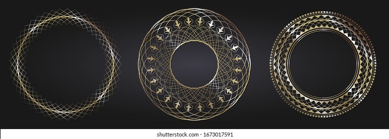 Set of decorative openwork round frames with gold abstract floral pattern. Circular ornament. Elegant elements for design. Vector.