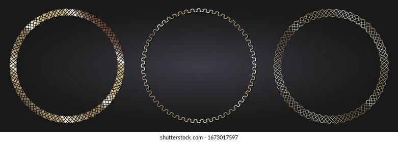 Set of decorative openwork round frames with gold abstract floral pattern. Circular ornament. Elegant elements for design. Vector.