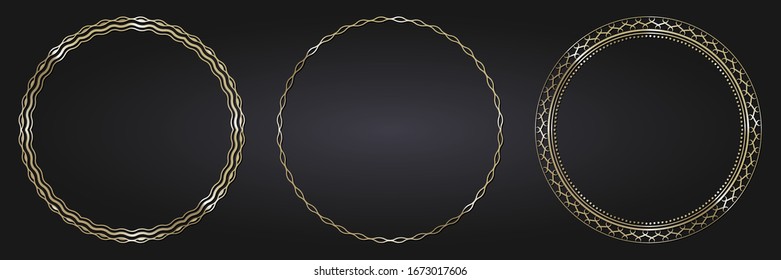 Set of decorative openwork round frames with gold abstract floral pattern. Circular ornament. Elegant elements for design. Vector.