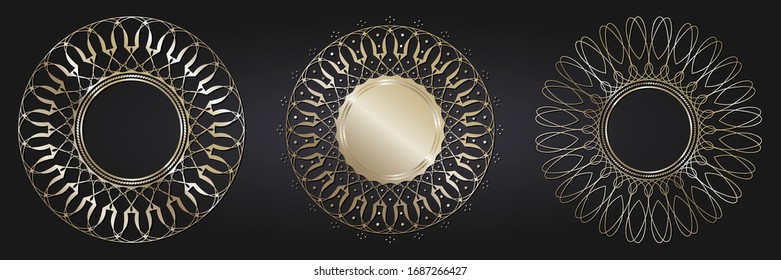Set of decorative openwork round frames with gold abstract floral pattern. Circular ornament. Elegant elements for design. Vector.