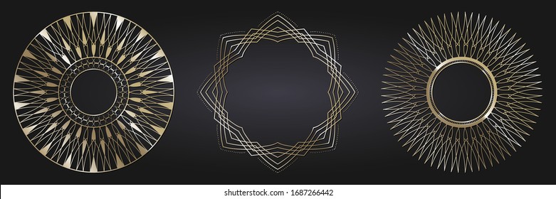 Set of decorative openwork round frames with gold abstract floral pattern. Circular ornament. Elegant elements for design. Vector.