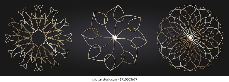 Set of decorative openwork round frames with gold abstract floral pattern. Circular ornament. Elegant elements for design. Vector.