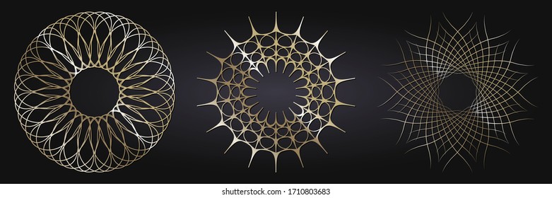 Set of decorative openwork round frames with gold abstract floral pattern. Circular ornament. Elegant elements for design. Vector.