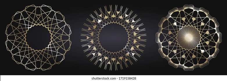 Set of decorative openwork round frames with gold abstract floral pattern. Circular ornament. Elegant elements for design. Vector.