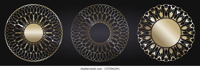 Set of decorative openwork round frames with gold abstract floral pattern. Circular ornament. Elegant elements for design. Vector.