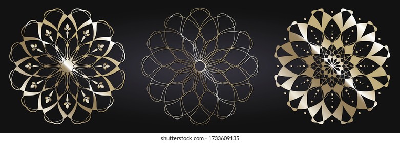 Set of decorative openwork round frames with gold abstract floral pattern. Circular ornament. Elegant elements for design. Vector.