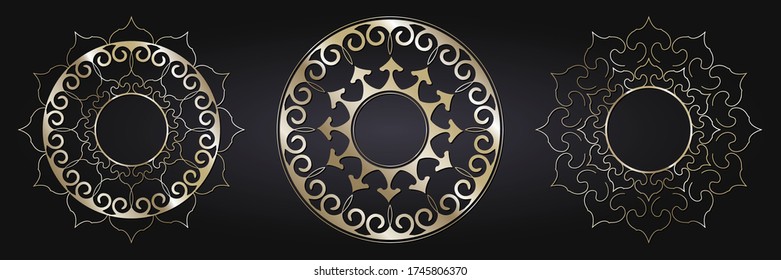 Set of decorative openwork round frames with gold abstract floral pattern. Circular ornament. Elegant elements for design. Vector.