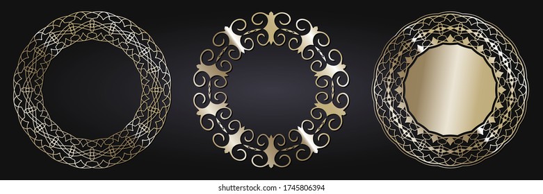 Set of decorative openwork round frames with gold abstract floral pattern. Circular ornament. Elegant elements for design. Vector.