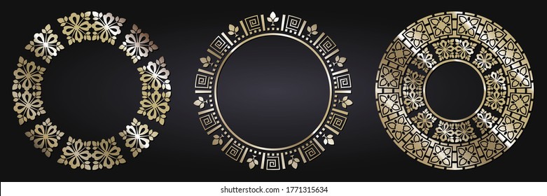 Set of decorative openwork round frames with gold abstract floral pattern. Circular ornament. Elegant elements for design. Vector.