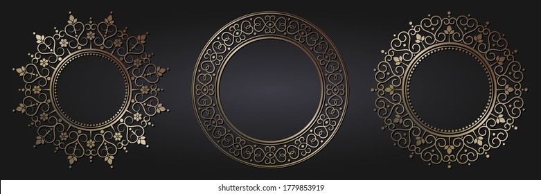 Set of decorative openwork round frames with gold abstract floral pattern. Circular ornament. Elegant elements for design. Vector.