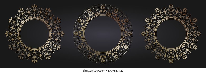 Set of decorative openwork round frames with gold abstract floral pattern. Circular ornament. Elegant elements for design. Vector.