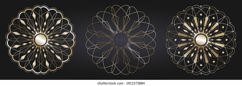 Set of decorative openwork round frames with gold abstract floral pattern. Circular ornament. Elegant elements for design. Vector.