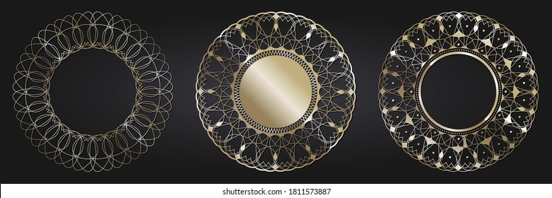 Set of decorative openwork round frames with gold abstract floral pattern. Circular ornament. Elegant elements for design. Vector.