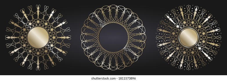 Set of decorative openwork round frames with gold abstract floral pattern. Circular ornament. Elegant elements for design. Vector.