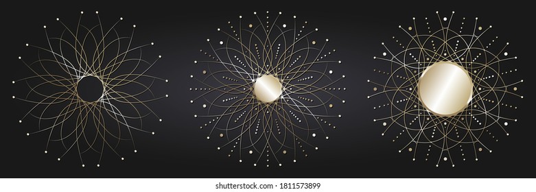 Set of decorative openwork round frames with gold abstract floral pattern. Circular ornament. Elegant elements for design. Vector.