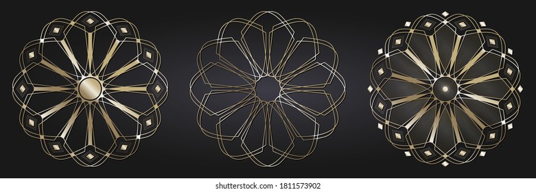 Set of decorative openwork round frames with gold abstract floral pattern. Circular ornament. Elegant elements for design. Vector.