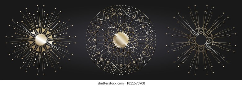 Set of decorative openwork round frames with gold abstract floral pattern. Circular ornament. Elegant elements for design. Vector.