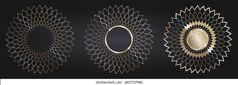 Set of decorative openwork round frames with gold abstract floral pattern. Circular ornament. Elegant elements for design. Vector.