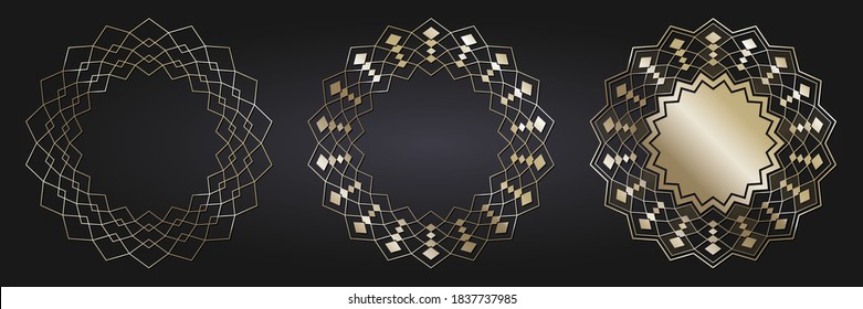 Set of decorative openwork round frames with gold abstract floral pattern. Circular ornament. Elegant elements for design. Vector.