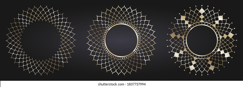 Set of decorative openwork round frames with gold abstract floral pattern. Circular ornament. Elegant elements for design. Vector.