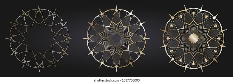 Set of decorative openwork round frames with gold abstract floral pattern. Circular ornament. Elegant elements for design. Vector.