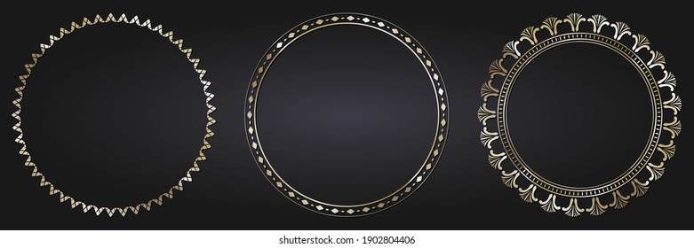 Set of decorative openwork round frames with gold abstract floral pattern. Circular ornament. Elegant elements for design. Vector.