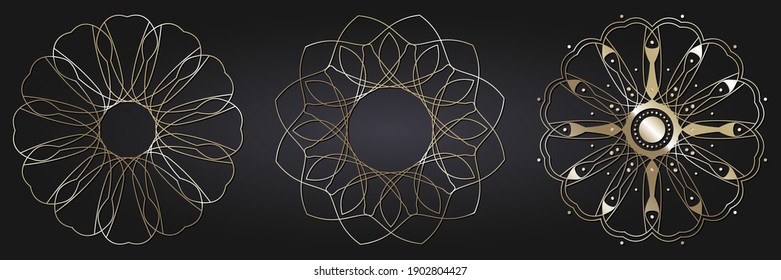 Set of decorative openwork round frames with gold abstract floral pattern. Circular ornament. Elegant elements for design. Vector.