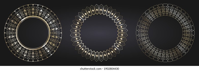 Set of decorative openwork round frames with gold abstract floral pattern. Circular ornament. Elegant elements for design. Vector.