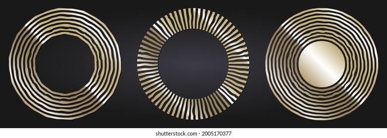 Set of decorative openwork round frames with gold abstract floral pattern. Circular ornament. Elegant elements for design. Vector.