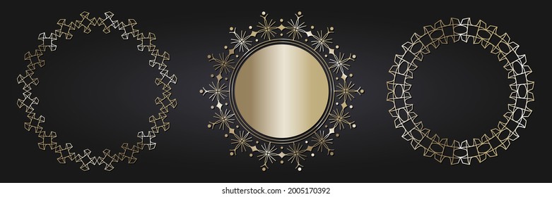 Set of decorative openwork round frames with gold abstract floral pattern. Circular ornament. Elegant elements for design. Vector.